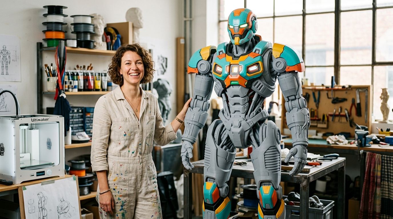 Artist Posing Proudly with Giant Robot Toy Statue