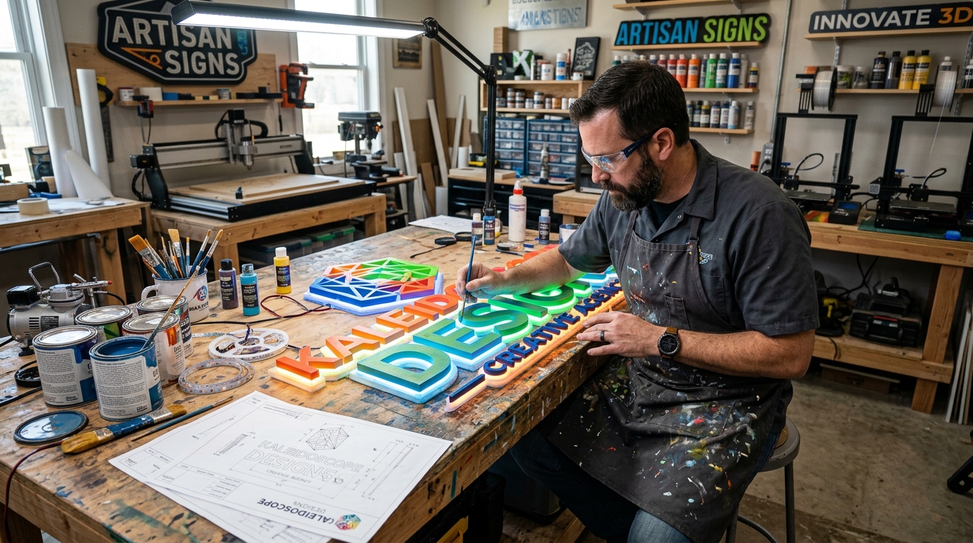 Sign Artist Assembling 3D Business Logo Sign